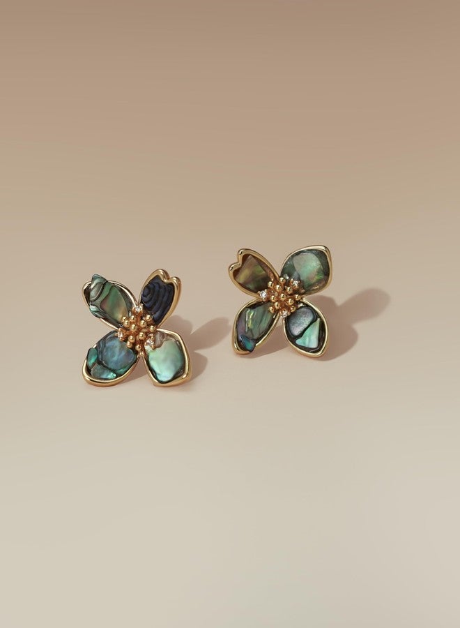 SNGIA 18K gold plated Mother of Pearl Flower Stud Statement Earrings for Women by SNGIA, Dainty Bold Retro Handmade Trendy Natural Sea Abalone Shell Floral Bohemian Jewelry Gifts, Small Unique Baroque Turquoise Stone Summer Beach Fashion Earrings Accessories, Vintage Gemstone Nickle Free Huggies Earrings. - Image 3